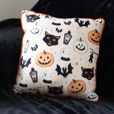 35cm Square Spooky Cat and Pumpkin Print Cushion - Image 4